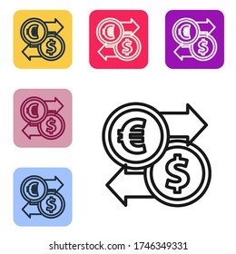 Black line Money exchange icon isolated on white background. Euro and Dollar cash transfer symbol. Banking currency sign. Set icons in color square buttons. Vector Illustration