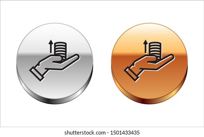 Black line Money on hand icon isolated on white background. Palm holds cash with arrow up. Cash salary increase. Rising prices. Silver-gold circle button. Vector Illustration