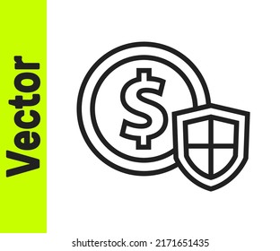 Black line Money with shield icon isolated on white background. Insurance concept. Security, safety, protection, protect concept.  Vector