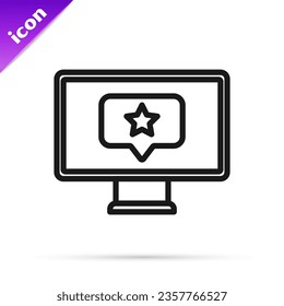 Black line Monitor with star icon isolated on white background. Favorite, best rating, award symbol.  Vector