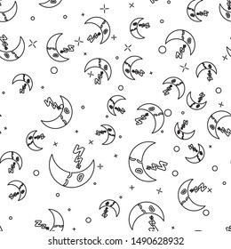 Black line Moon icon isolated seamless pattern on white background. Cloudy night sign. Sleep dreams symbol. Night or bed time sign.  Vector Illustration