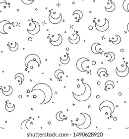 Black line Moon and stars icon isolated seamless pattern on white background.  Vector Illustration