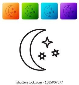 Black line Moon and stars icon isolated on white background. Set icons in color square buttons. Vector Illustration