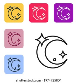 Black line Moon and stars icon isolated on white background. Icon set on color square buttons. Vector