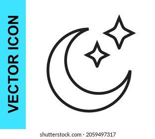 Black line Moon and stars icon isolated on white background. Cloudy night sign. Sleep dreams symbol. Full moon. Night or bed time sign.  Vector