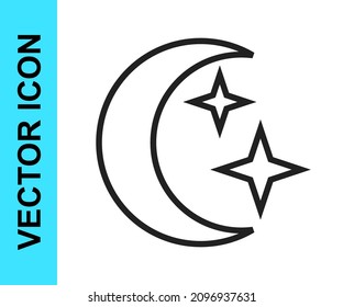 Black line Moon and stars icon isolated on white background. Cloudy night sign. Sleep dreams symbol. Full moon. Night or bed time sign.  Vector