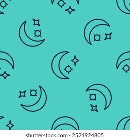 Black line Moon and stars icon isolated seamless pattern on green background. Cloudy night sign. Sleep dreams symbol. Full moon. Night or bed time sign.  Vector