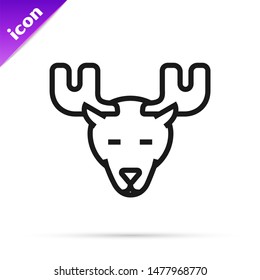Black line Moose head with horns icon isolated on white background.  Vector Illustration