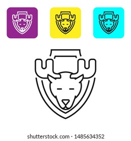 Black line Moose head on shield icon isolated on white background. Hunting trophy on wall. Set icons colorful square buttons. Vector Illustration