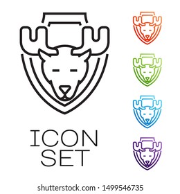Black line Moose head on shield icon isolated on white background. Hunting trophy on wall. Set icons colorful. Vector Illustration