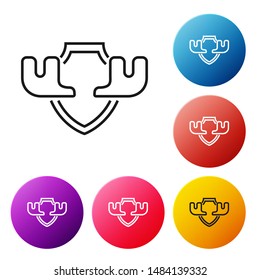 Black line Moose horns on shield icon isolated on white background. Hunting trophy on wall. Set icons colorful circle buttons. Vector Illustration