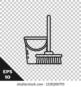 Black line Mop and bucket icon isolated on transparent background. Cleaning service concept.  Vector Illustration