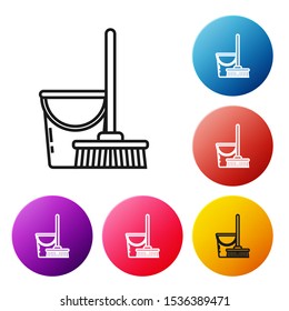 Black line Mop and bucket icon isolated on white background. Cleaning service concept. Set icons colorful circle buttons. Vector Illustration