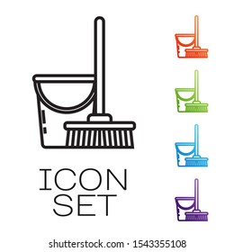 Black line Mop and bucket icon isolated on white background. Cleaning service concept. Set icons colorful. Vector Illustration