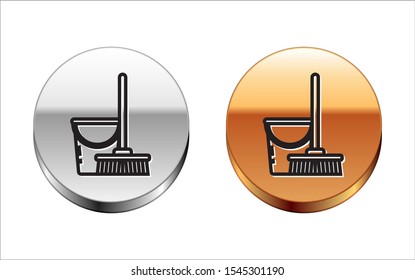 Black line Mop and bucket icon isolated on white background. Cleaning service concept. Silver-gold circle button. Vector Illustration
