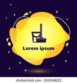 Black line Mop and bucket icon isolated on dark blue background. Cleaning service concept. Abstract banner with liquid shapes. Vector Illustration