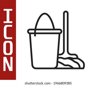 Black line Mop and bucket icon isolated on white background. Cleaning service concept.  Vector