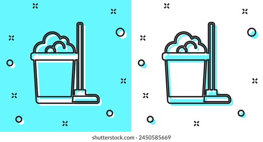 Black line Mop and bucket icon isolated on green and white background. Cleaning service concept. Random dynamic shapes. Vector