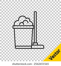 Black line Mop and bucket icon isolated on transparent background. Cleaning service concept.  Vector