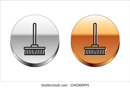 Black line Mop icon isolated on white background. Cleaning service concept. Silver-gold circle button. Vector Illustration