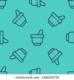 Black line Mortar and pestle icon isolated seamless pattern on green background.  Vector Illustration