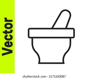Black line Mortar and pestle icon isolated on white background.  Vector