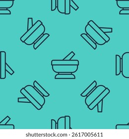Black line Mortar and pestle icon isolated seamless pattern on green background.  Vector