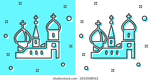 Símbolo de Moscú de línea negra - Catedral de San Basilio, icono de Rusia aislado sobre fondo verde y blanco. Formas dinámicas aleatorias. Vector