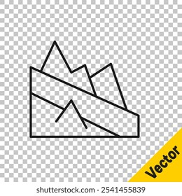 Black line Mountain descent icon isolated on transparent background. Symbol of victory or success concept.  Vector