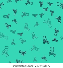 Montañas de línea negra con bandera en el icono superior aislado patrón sin fisuras en el fondo verde. Símbolo del concepto de victoria o éxito. Logro de los objetivos.  Vector