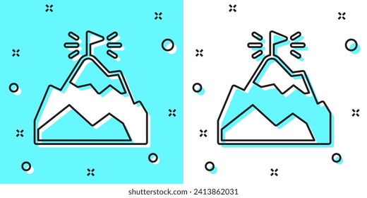 Black line Mountains with flag on top icon isolated on green and white background. Symbol of victory or success concept. Goal achievement. Random dynamic shapes. Vector