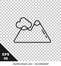 Black line Mountains icon isolated on transparent background. Symbol of victory or success concept.  Vector Illustration