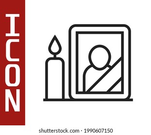 Black line Mourning photo frame with black ribbon icon isolated on white background. Funeral ceremony and condolence card layout.  Vector