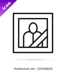 Black line Mourning photo frame with black ribbon icon isolated on white background. Funeral ceremony and condolence card layout.  Vector