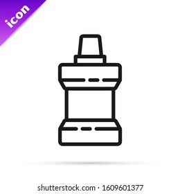 Black line Mouthwash plastic bottle icon isolated on white background. Liquid for rinsing mouth. Oralcare equipment.  Vector Illustration