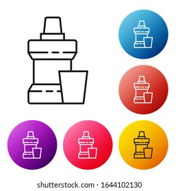 Black line Mouthwash plastic bottle and glass icon isolated on white background. Liquid for rinsing mouth. Oralcare equipment. Set icons colorful circle buttons. Vector Illustration
