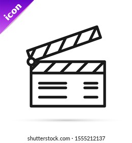 Black line Movie clapper icon isolated on white background. Film clapper board. Clapperboard sign. Cinema production or media industry concept.  Vector Illustration