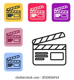 Black line Movie clapper icon isolated on white background. Film clapper board. Clapperboard sign. Cinema production or media industry. Set icons in color square buttons. Vector Illustration