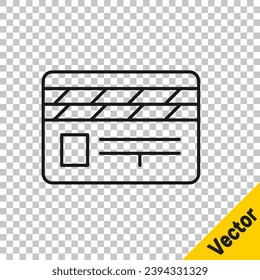 Black line Movie clapper icon isolated on transparent background. Film clapper board. Clapperboard sign. Cinema production or media industry.  Vector Illustration