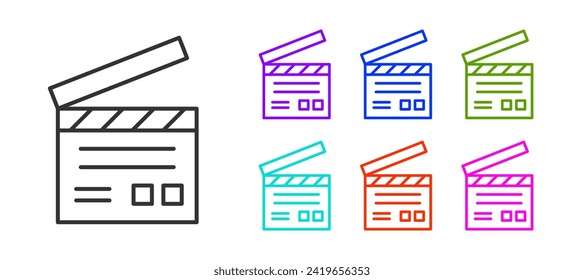 Black line Movie clapper icon isolated on white background. Film clapper board. Clapperboard sign. Cinema production or media industry. Set icons colorful. Vector Illustration