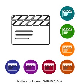 Black line Movie clapper icon isolated on white background. Film clapper board. Clapperboard sign. Cinema production or media industry. Set icons in color circle buttons. Vector