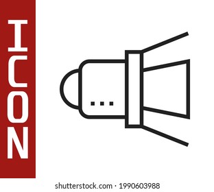 Black line Movie spotlight icon isolated on white background. Light Effect. Scene, Studio, Show.  Vector