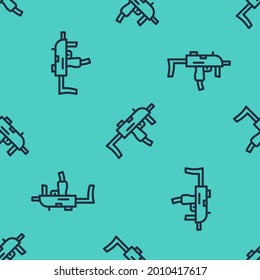 Black line MP9 submachine gun icon isolated seamless pattern on green background. Automatic weapon.  Vector