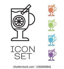 Black line Mulled wine with glass of drink and ingredients icon isolated on white background. Cinnamon stick, clove, lemon slice. Set icons colorful. Vector Illustration