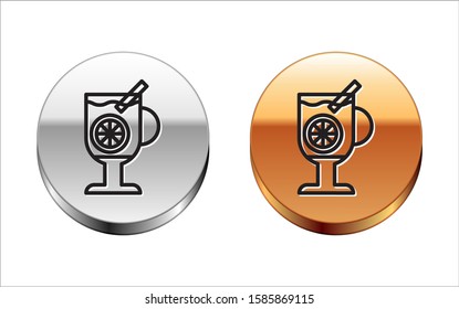 Black line Mulled wine with glass of drink and ingredients icon isolated on white background. Cinnamon stick, clove, lemon slice. Silver-gold circle button. Vector Illustration