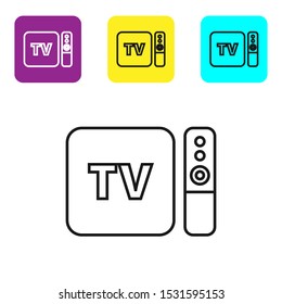Black line Multimedia and TV box receiver and player with remote controller icon isolated on white background. Set icons colorful square buttons. Vector Illustration