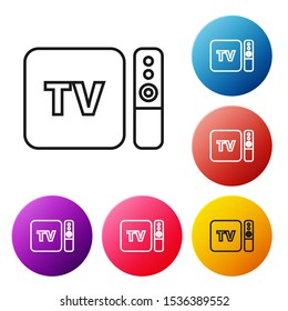 Black line Multimedia and TV box receiver and player with remote controller icon isolated on white background. Set icons colorful circle buttons. Vector Illustration