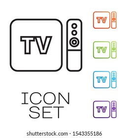 Black line Multimedia and TV box receiver and player with remote controller icon isolated on white background. Set icons colorful. Vector Illustration