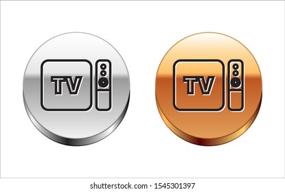 Black line Multimedia and TV box receiver and player with remote controller icon isolated on white background. Silver-gold circle button. Vector Illustration