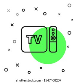 Black line Multimedia and TV box receiver and player with remote controller icon isolated on white background.  Vector Illustration